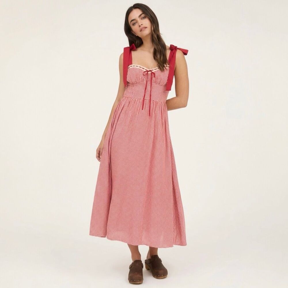 NWT By the River Red Gingham Smocked Midi Dress Cottagecore Coquette Large Sun